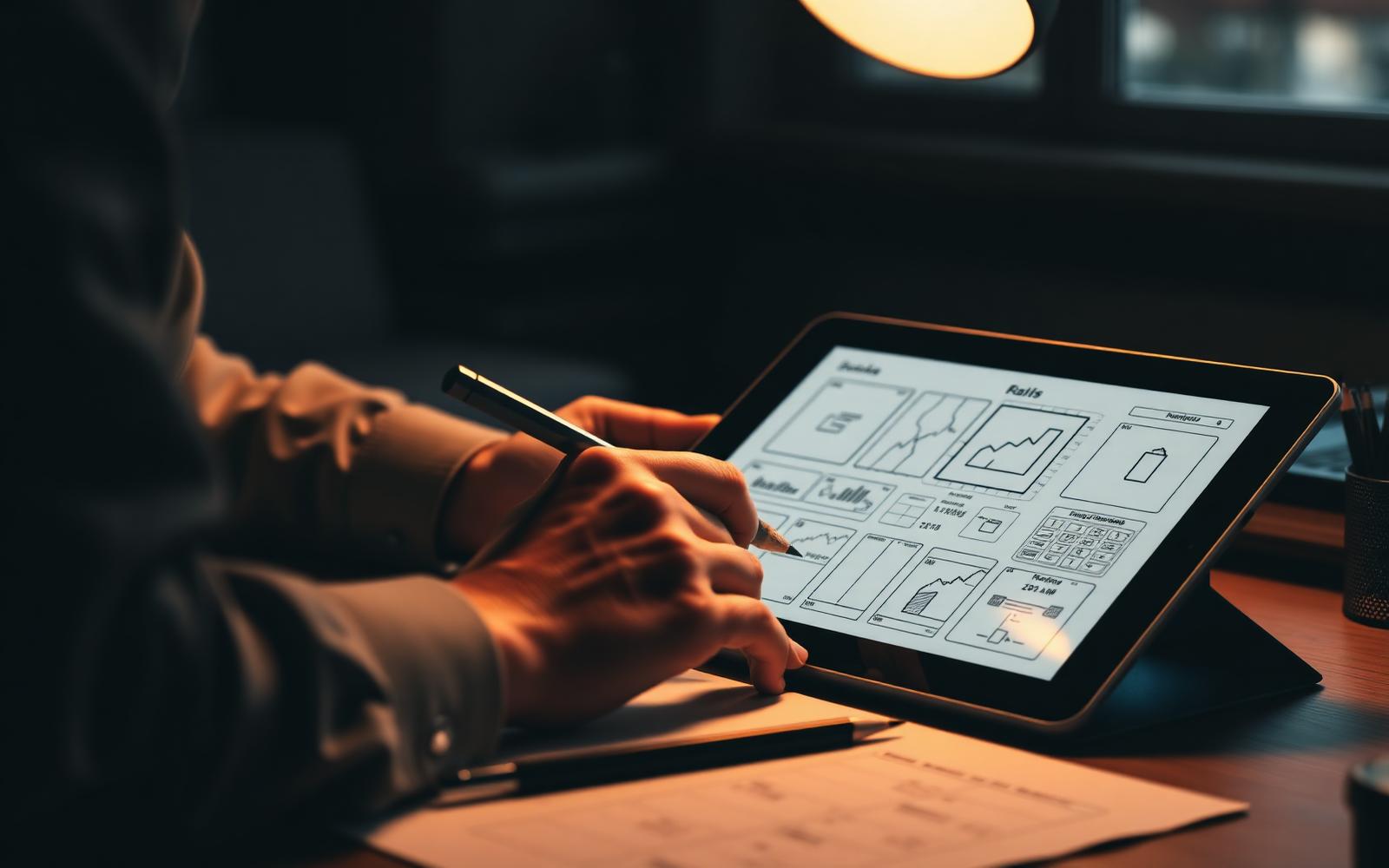 Designer sketching wireframes on a tablet