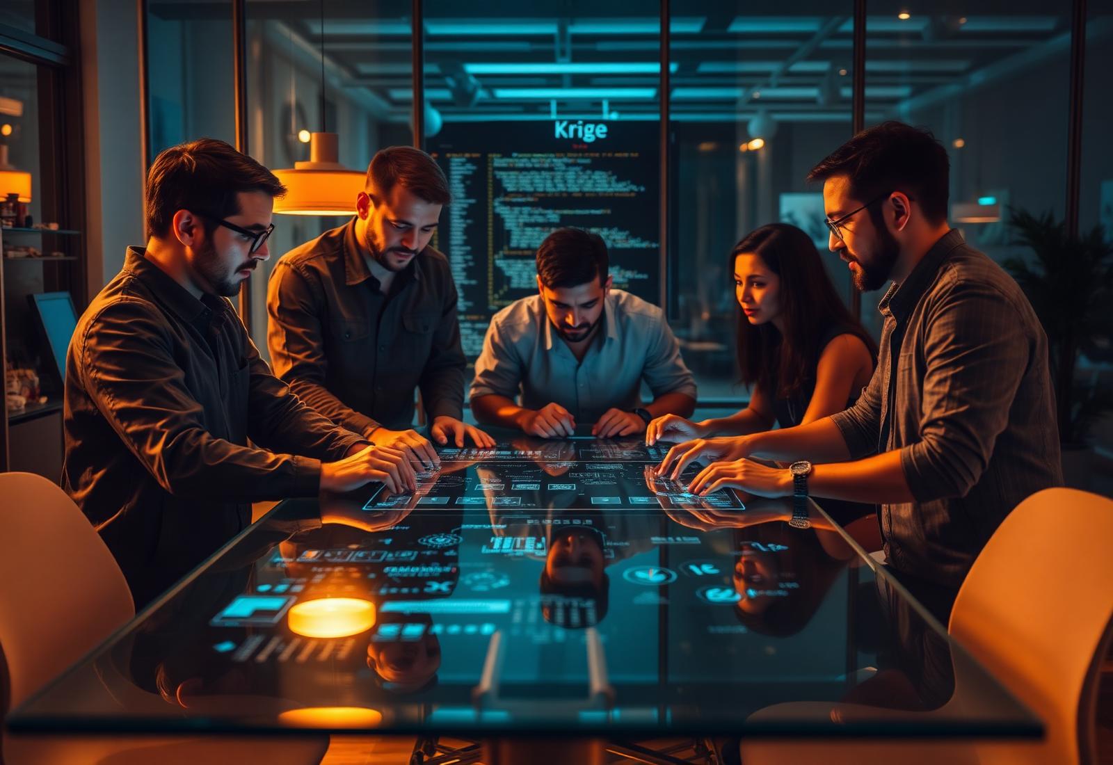 Engineering team collaborating around a digital workspace